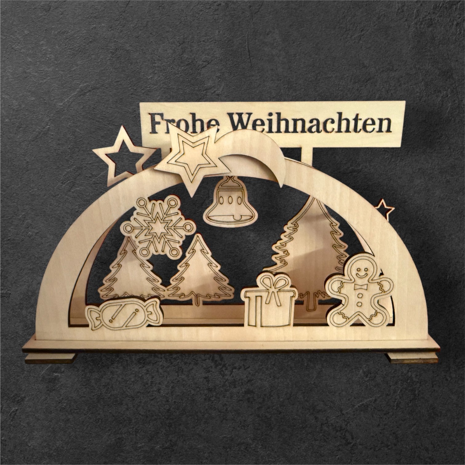 Gelaserter Holz-Schwibbogen mit "Frohe Weihnachten"