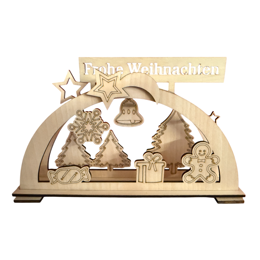 Gelaserter Holz-Schwibbogen mit "Frohe Weihnachten"