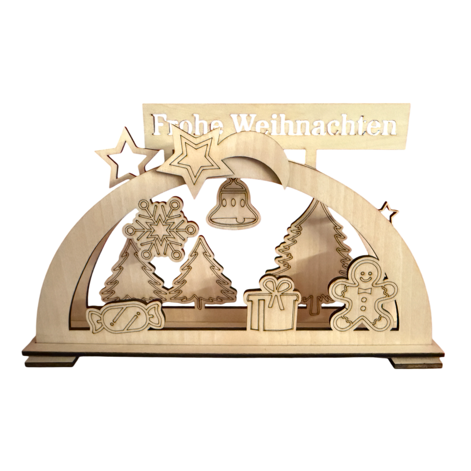 Gelaserter Holz-Schwibbogen mit "Frohe Weihnachten"