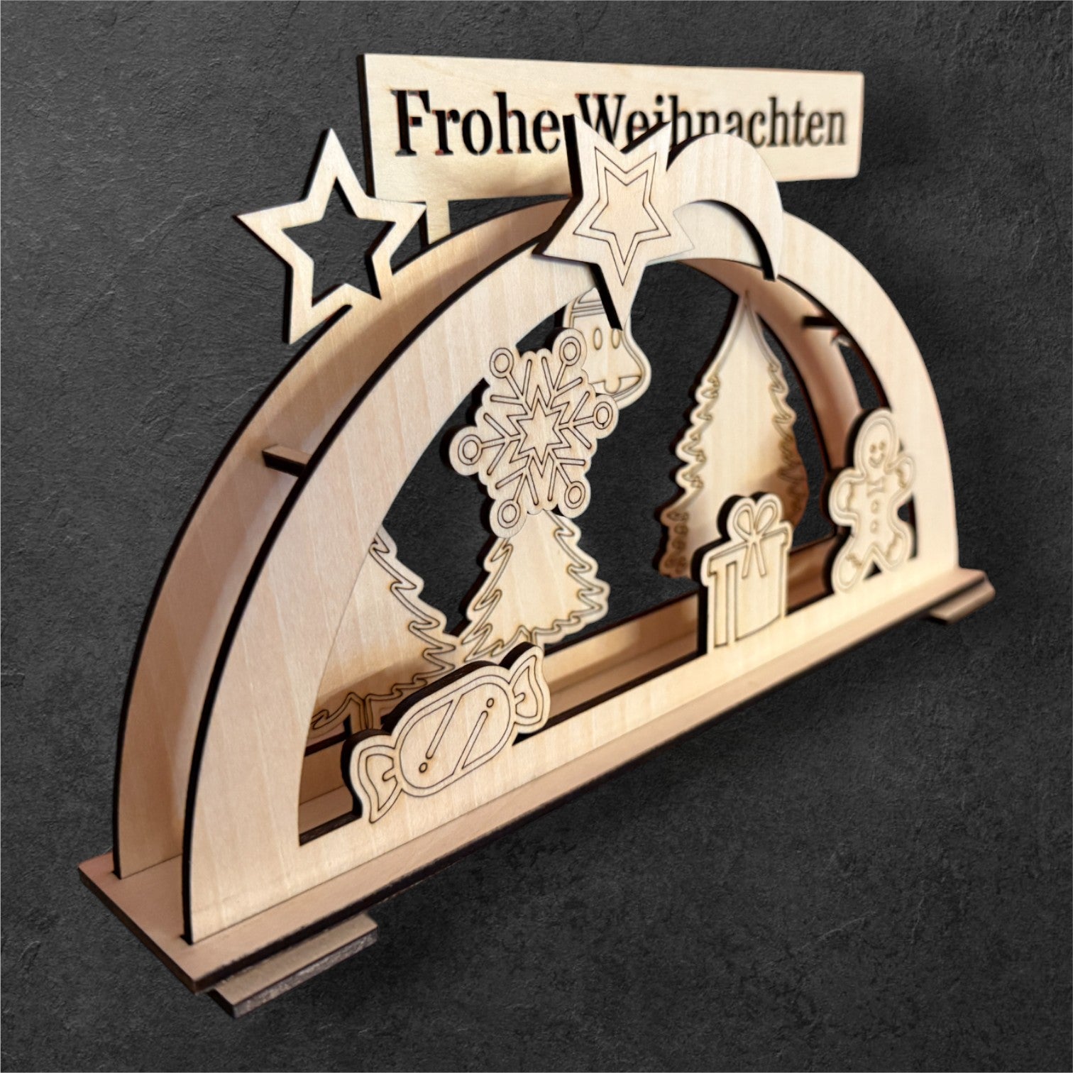 Gelaserter Holz-Schwibbogen mit "Frohe Weihnachten"