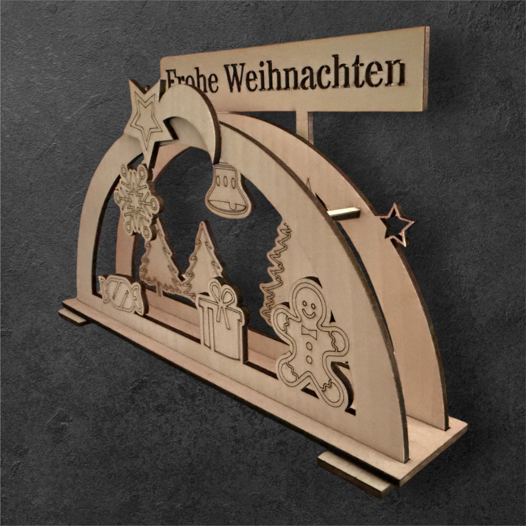 Gelaserter Holz-Schwibbogen mit "Frohe Weihnachten"