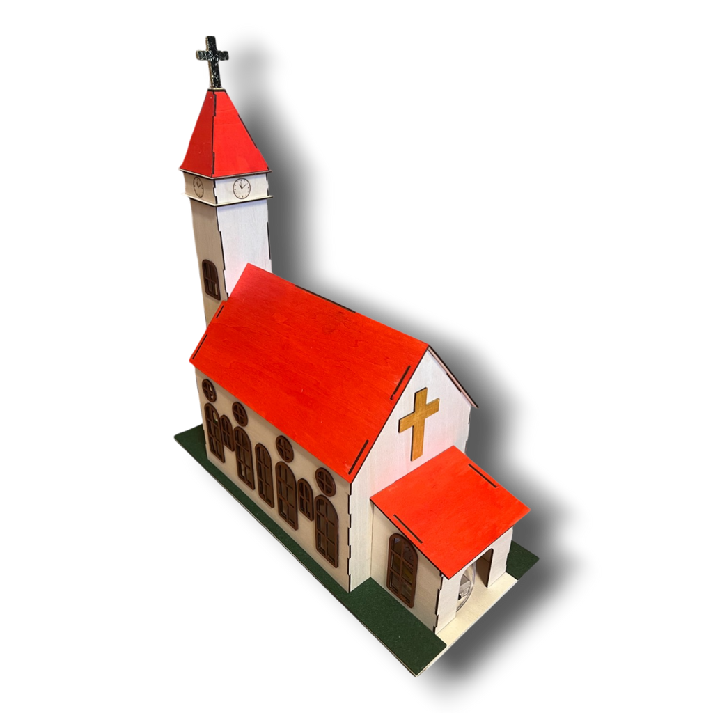 Handgefertigte Kirche aus Pappelholz - Wird ohne Lackierung und in Einzelteilen geliefert