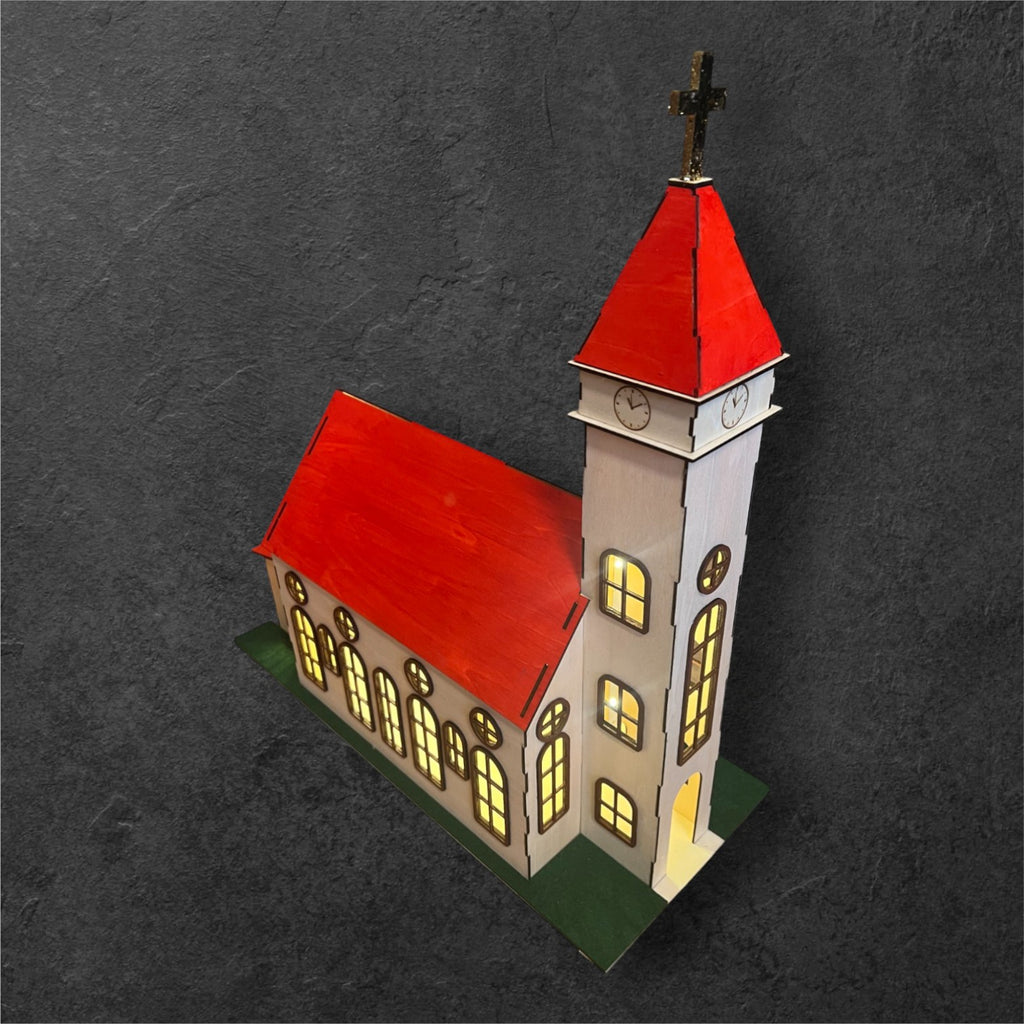 Handgefertigte Kirche aus Pappelholz - Wird ohne Lackierung und in Einzelteilen geliefert